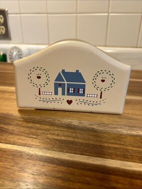 Cream Wooden Napkin Holder with Blue House Folk Art/Cottagecore